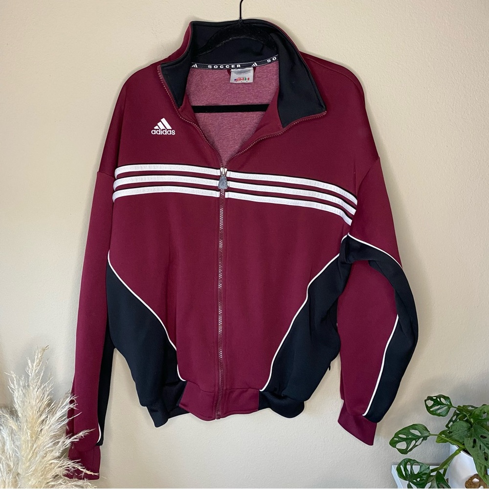 Vintage Adidas Soccer Warmup Tracksuit Jacket Maroon Burgundy Red White Black